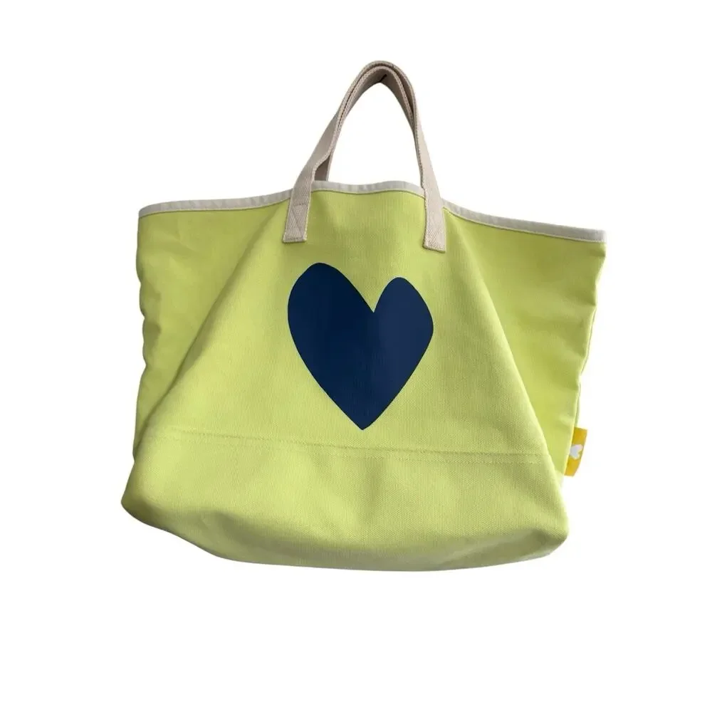 Kerri Rosenthal Bright Yellow Navy Blue Heart Canvas Tote Bag #NE16